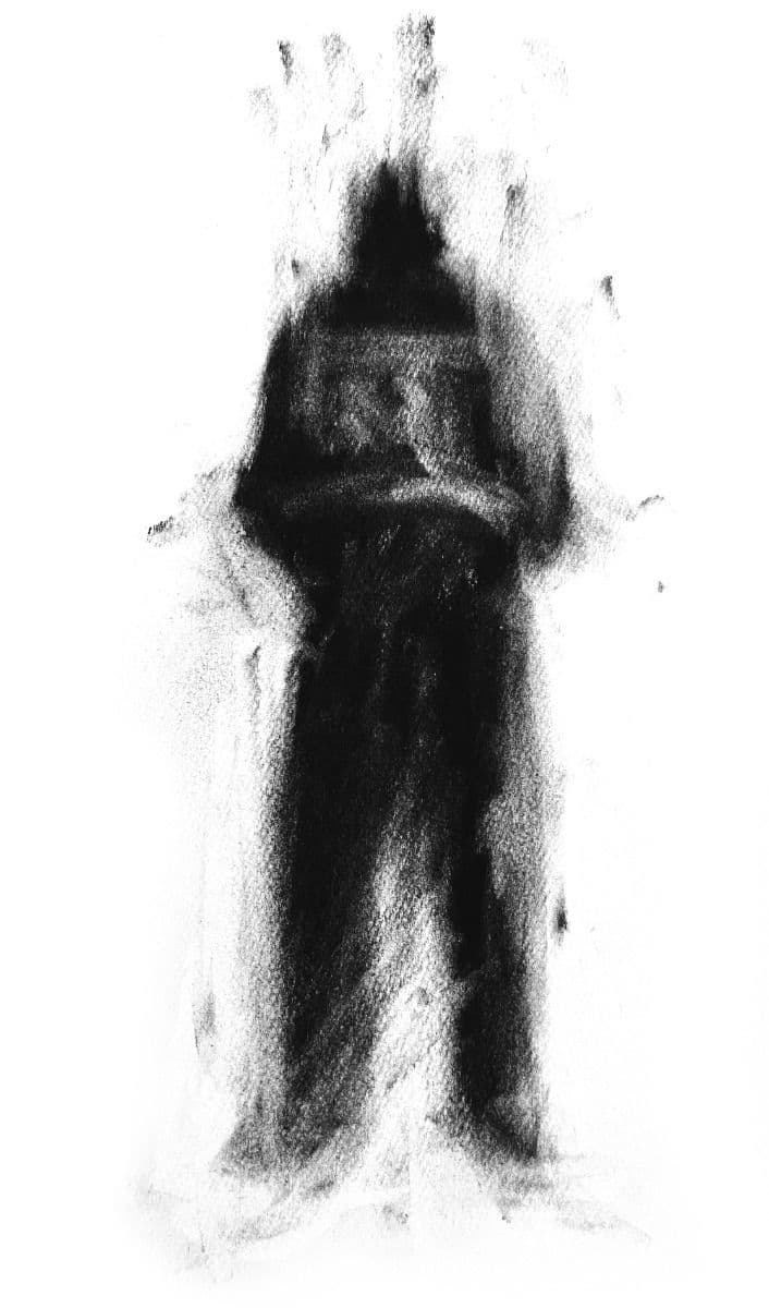 Charcoal sketch of a hooded figure standing alone
